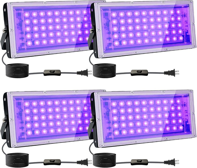 Indmird 4 Pack 50W Black Lights, Blacklight Flood Light with Plug and Switch,for Glow Party, Halloween, Fluorescent Poster, Body Paint - Image 1